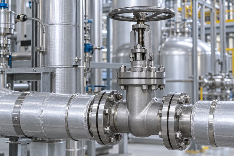 Valvola a saracinesca in acciaio inox su linea chimica